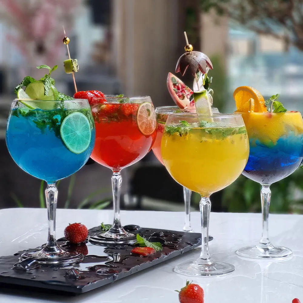 Row of colourful fresh mocktails