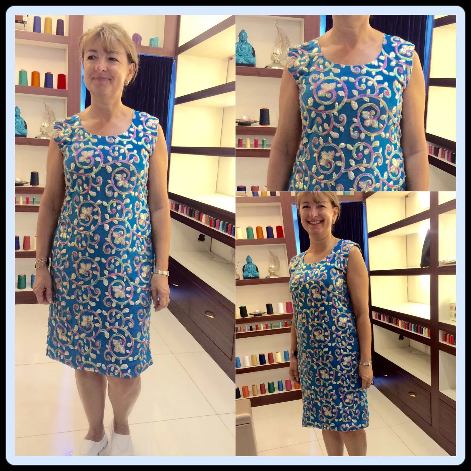 Three views of a client in a turquoise hand-embroidered shift dress