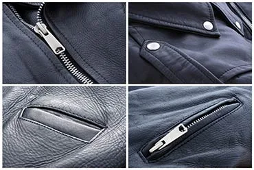 Detail shots of leather jacket zips, snaps and pockets