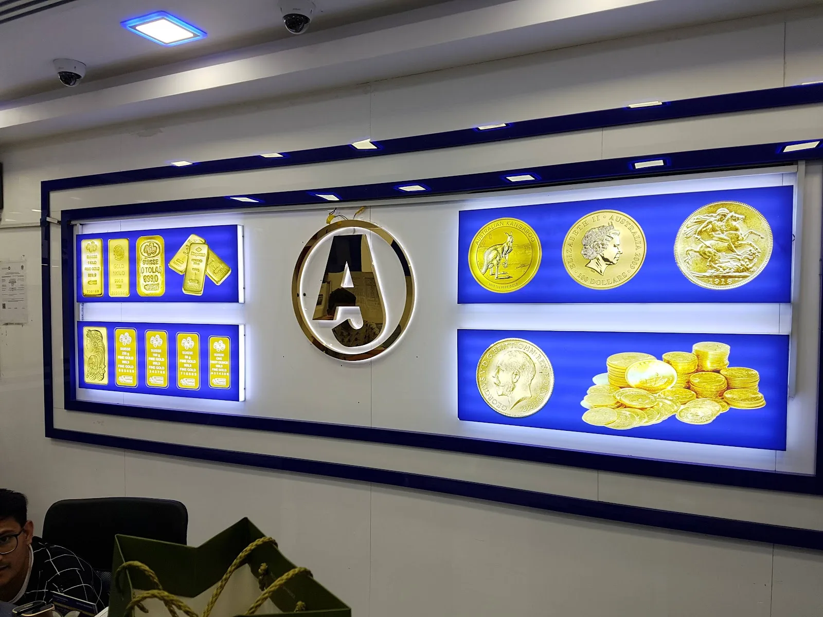 Display wall of gold bars and international gold coins