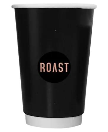 A black Roast branded takeaway cup