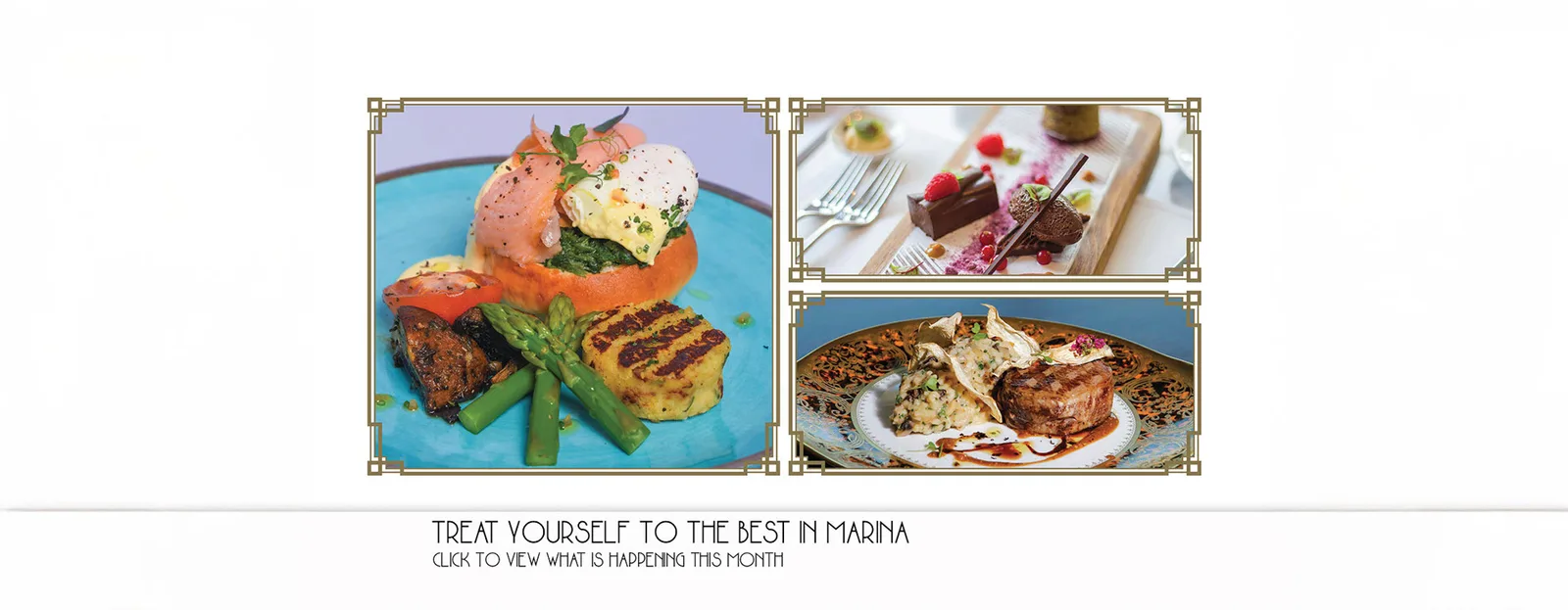 Three plated dishes presented in deco frames
