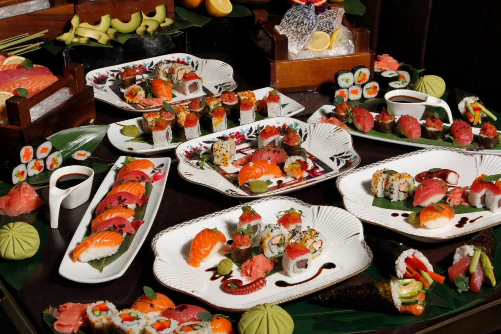 A spread of assorted sushi platters