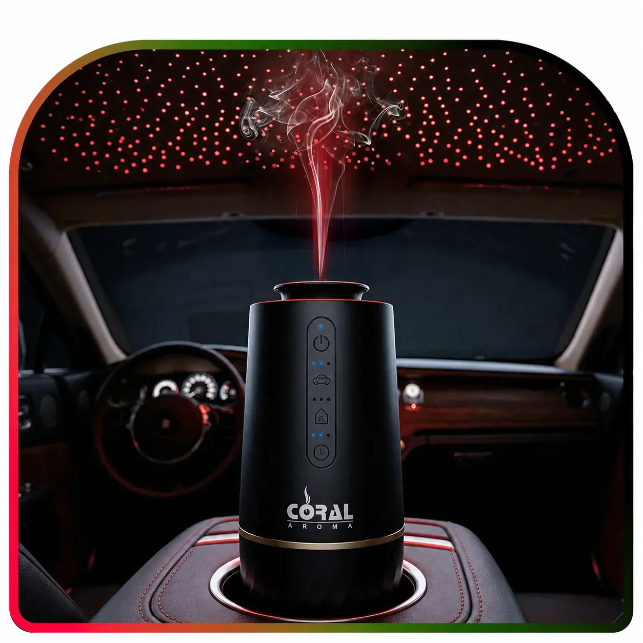 Coral Aroma car and home diffuser releasing scented mist in a car