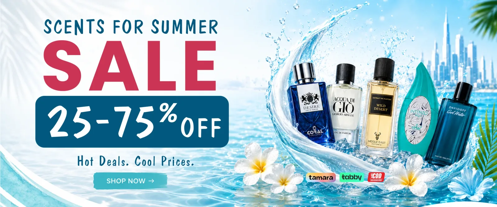Coral Perfumes Scents for Summer sale banner, 25 to 75 percent off