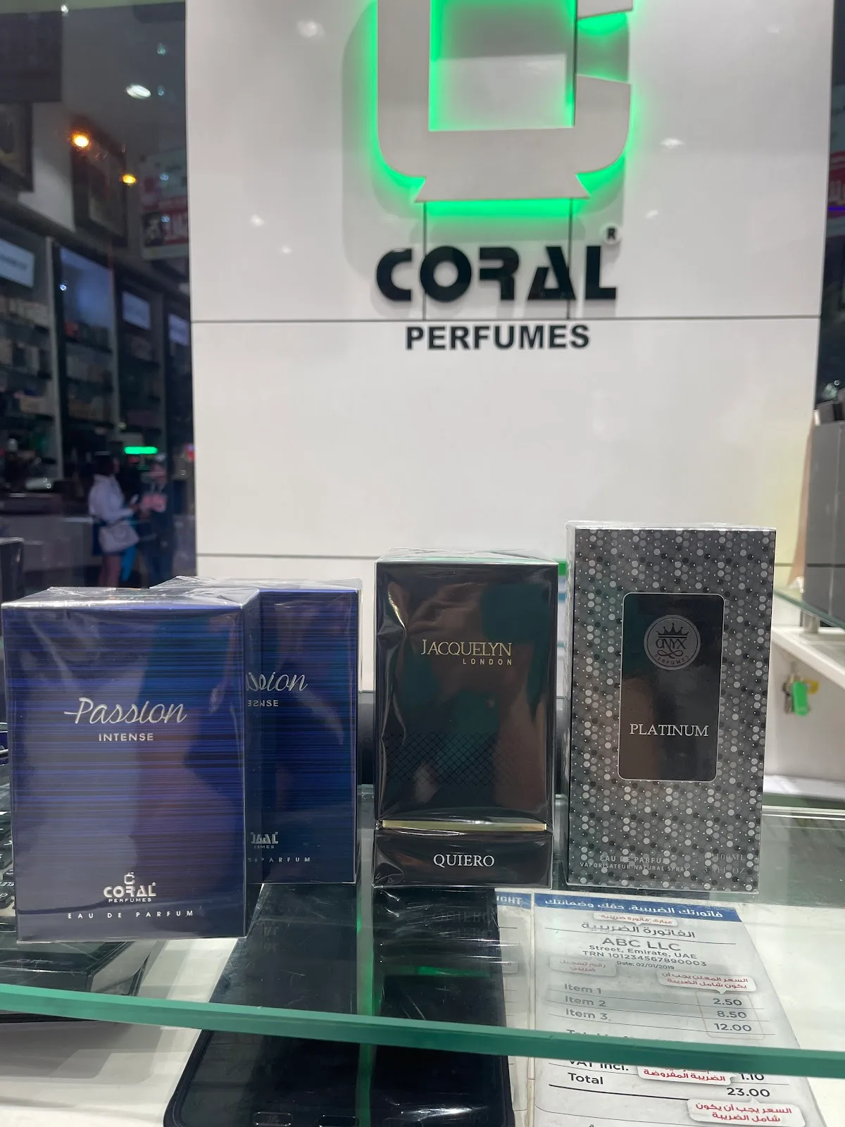 Coral Perfumes own-brand boxes on display in store