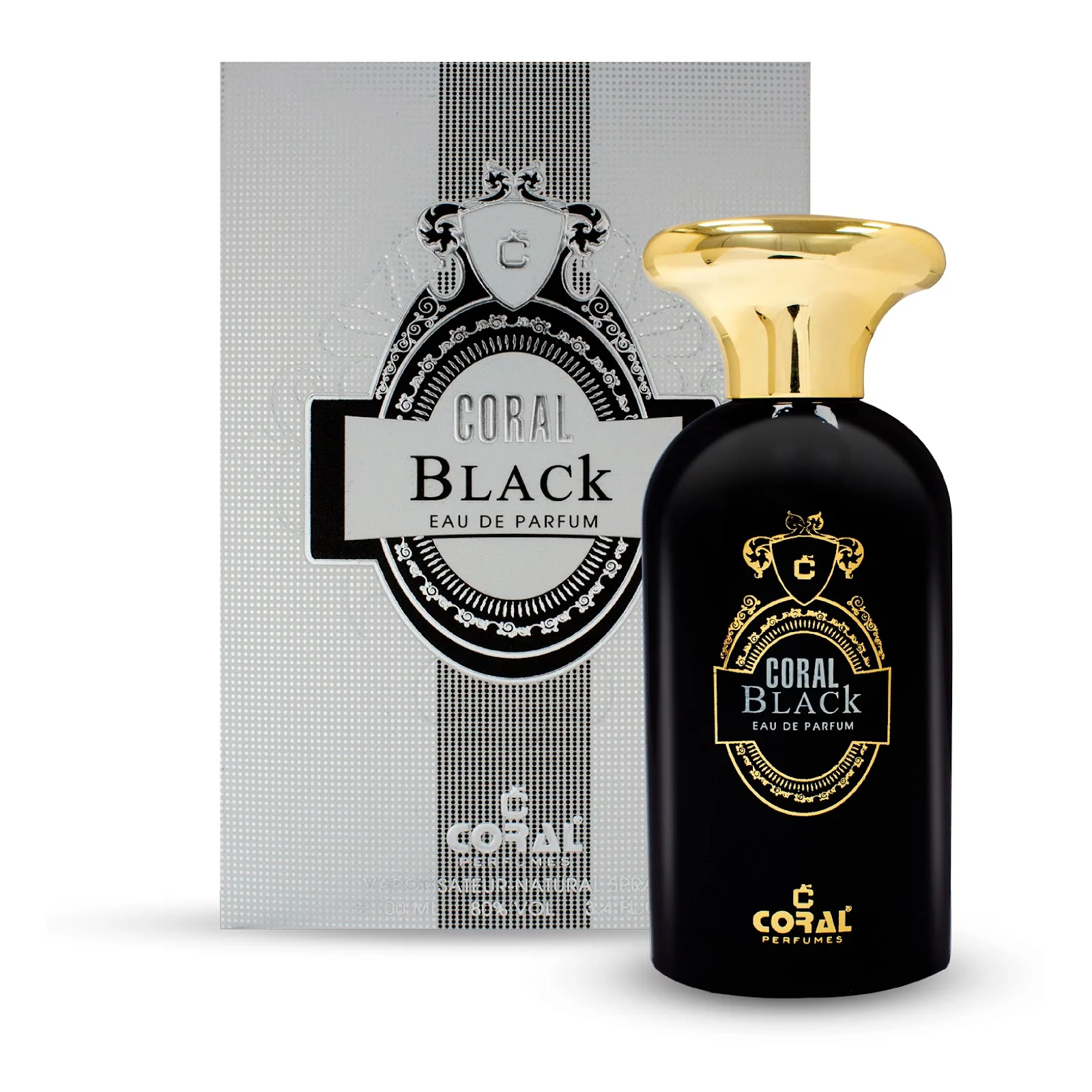 Coral Black eau de parfum bottle with gold cap and box