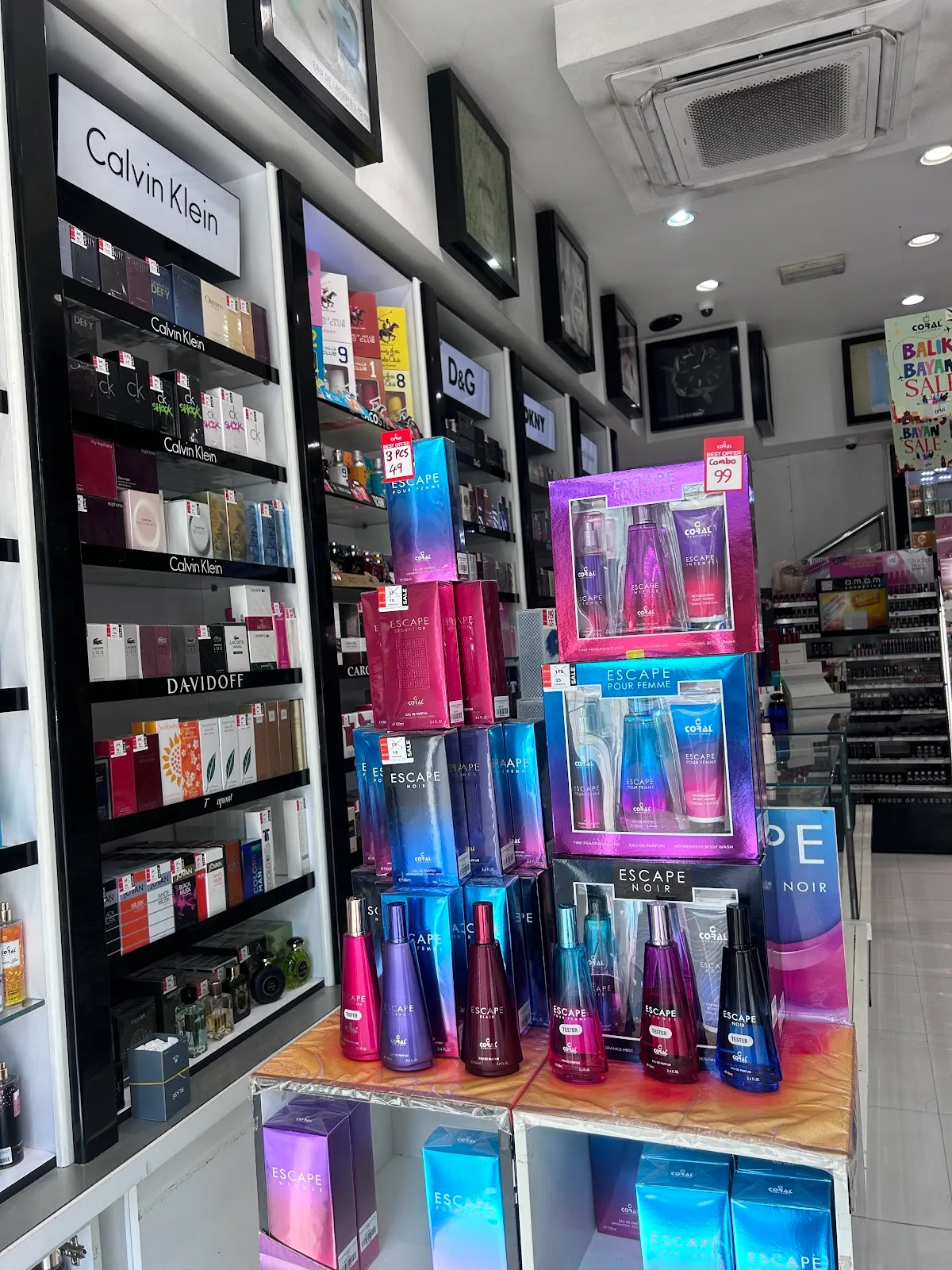 Designer perfume shelves including Calvin Klein and Davidoff inside Coral Perfumes