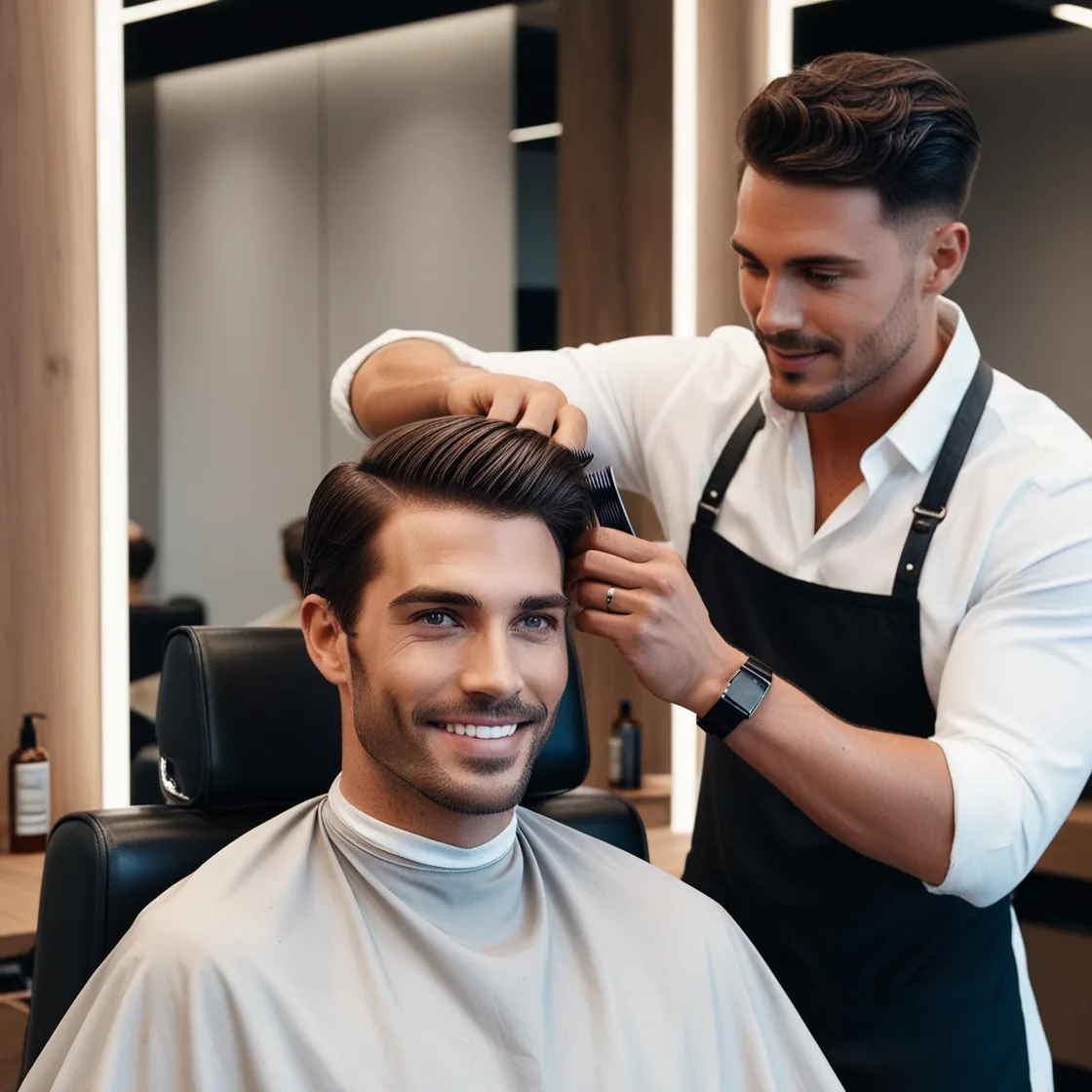 A barber styling a client's hair at GQ