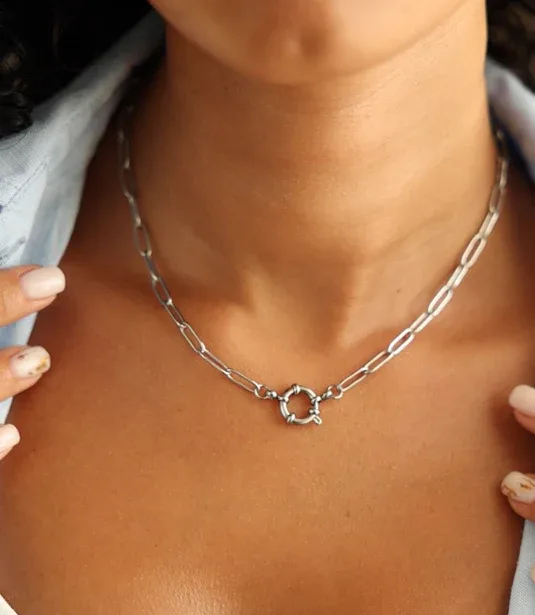 Silver paperclip-link chain necklace with a round clasp