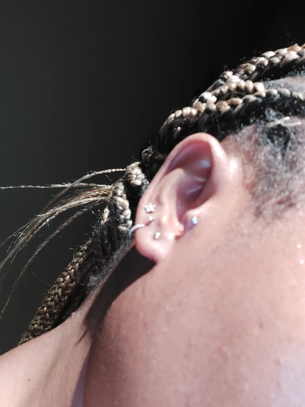 Conch and tragus piercings in profile against braided hair