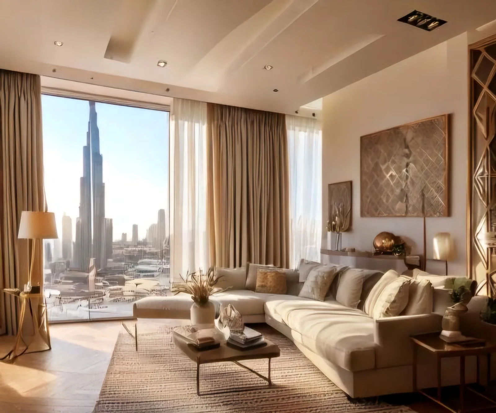 Warm contemporary Dubai living room with floor-to-ceiling curtains, bespoke sofa and a Burj Khalifa skyline view