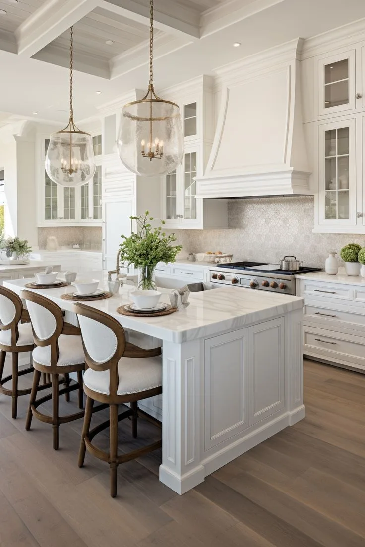 Bespoke white kitchen with marble island, panelled cabinetry and timber flooring