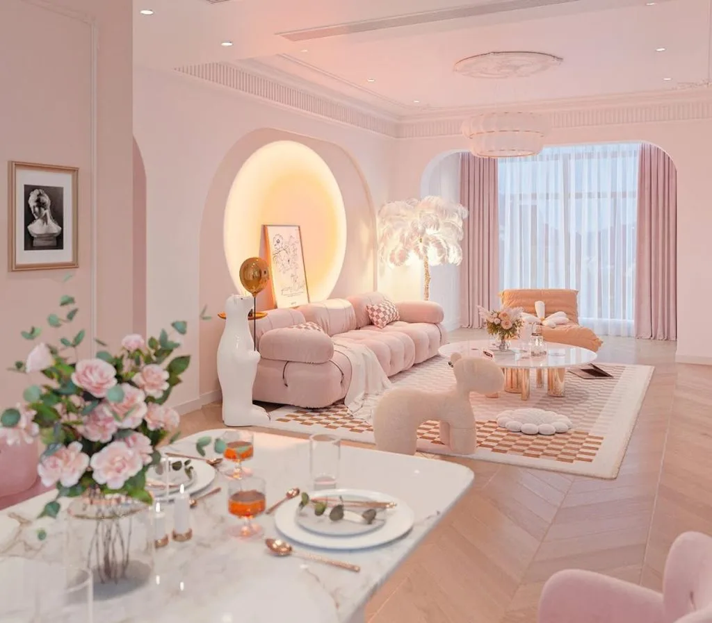Fully designed pink and cream living room interior project