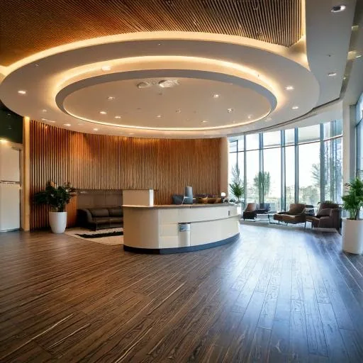 Commercial reception lobby with curved ceiling and timber flooring