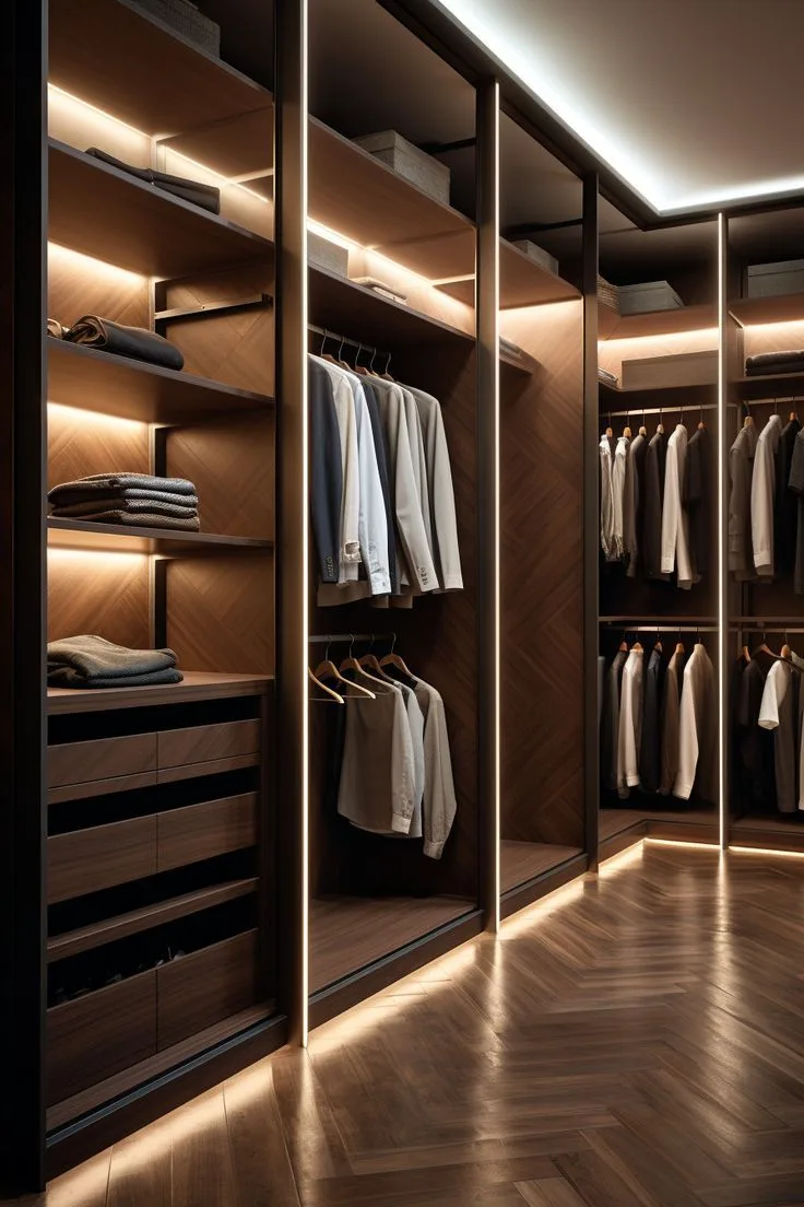 Warm timber walk-in wardrobe with integrated lighting