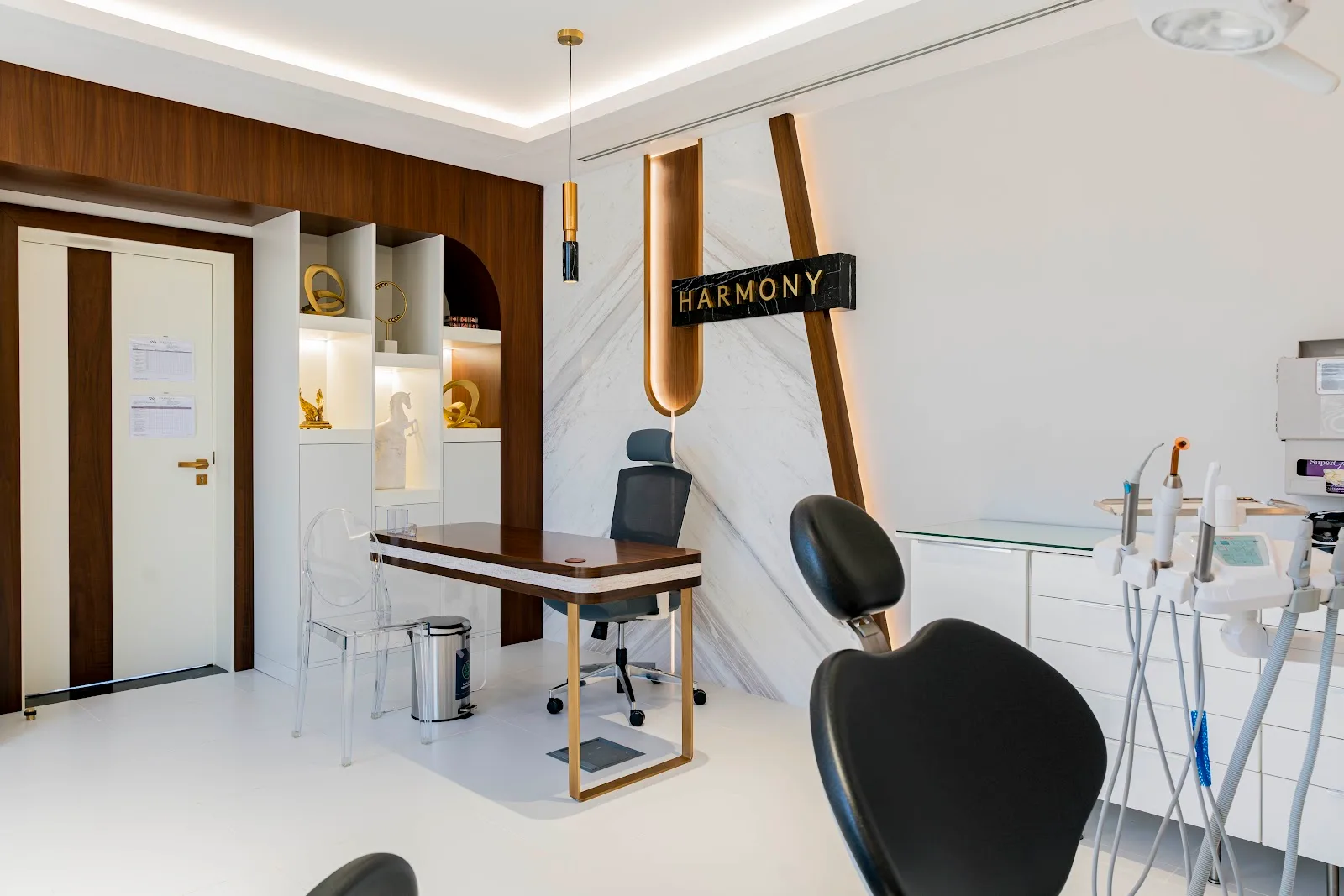 Consultation room with dental chair and marble feature wall