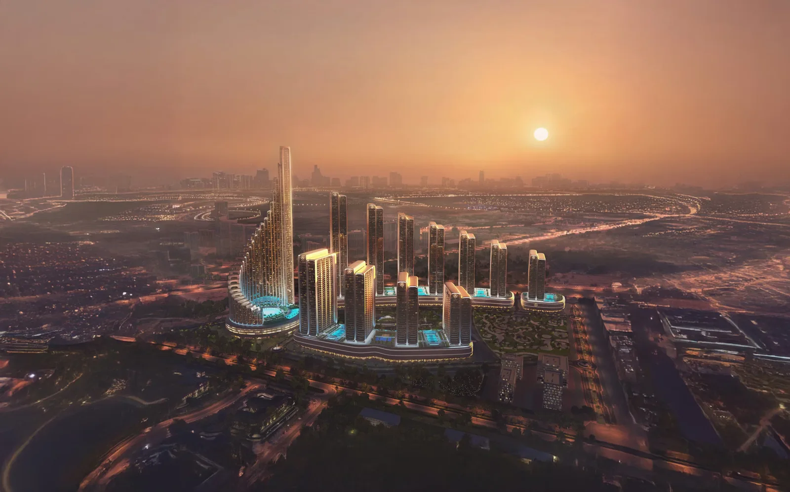 Dubai skyline at sunset