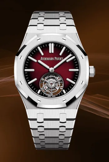 Stainless steel sports watch with red dial and tourbillon