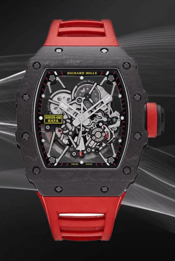 Carbon and red sports watch with skeleton dial