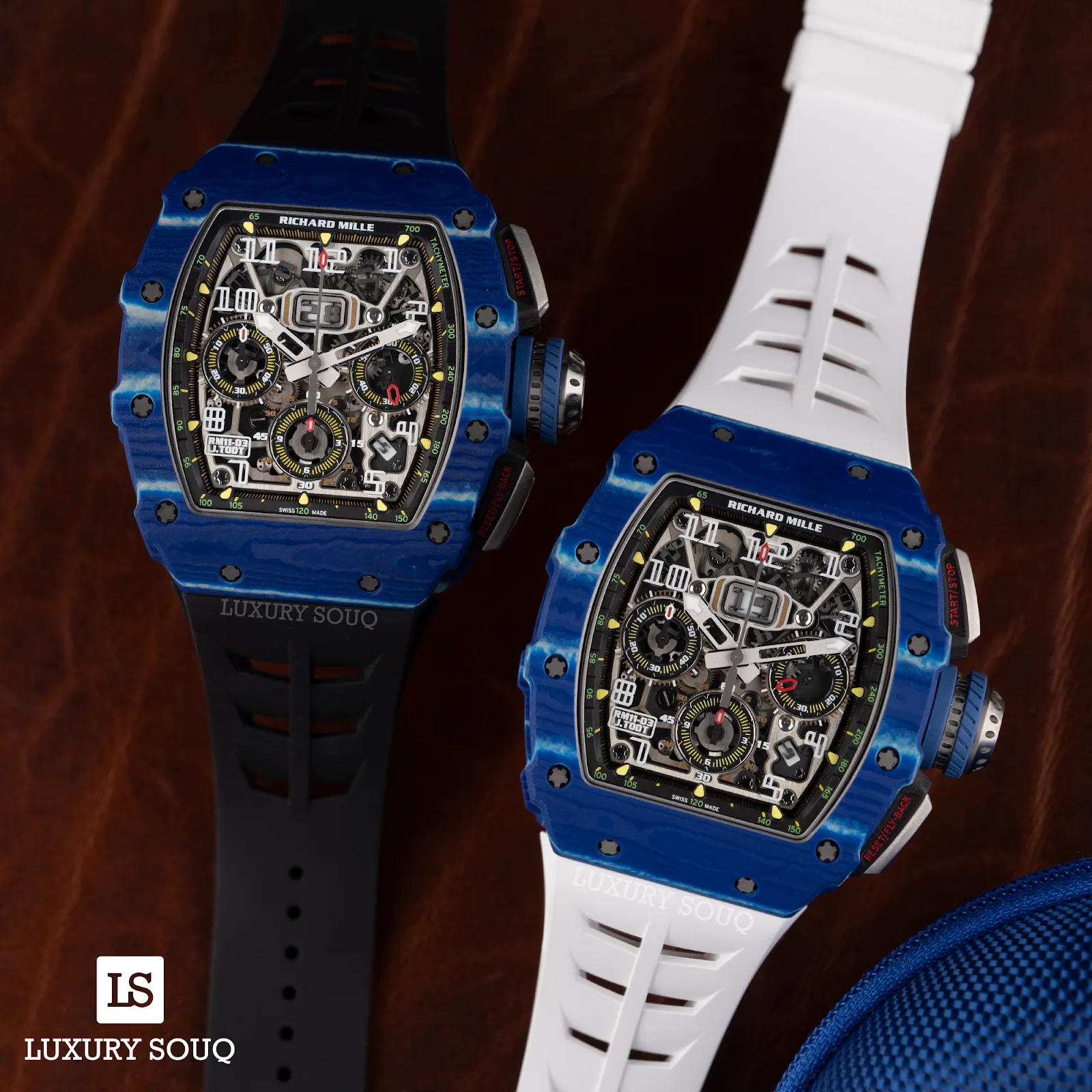 Pair of blue carbon sports chronographs