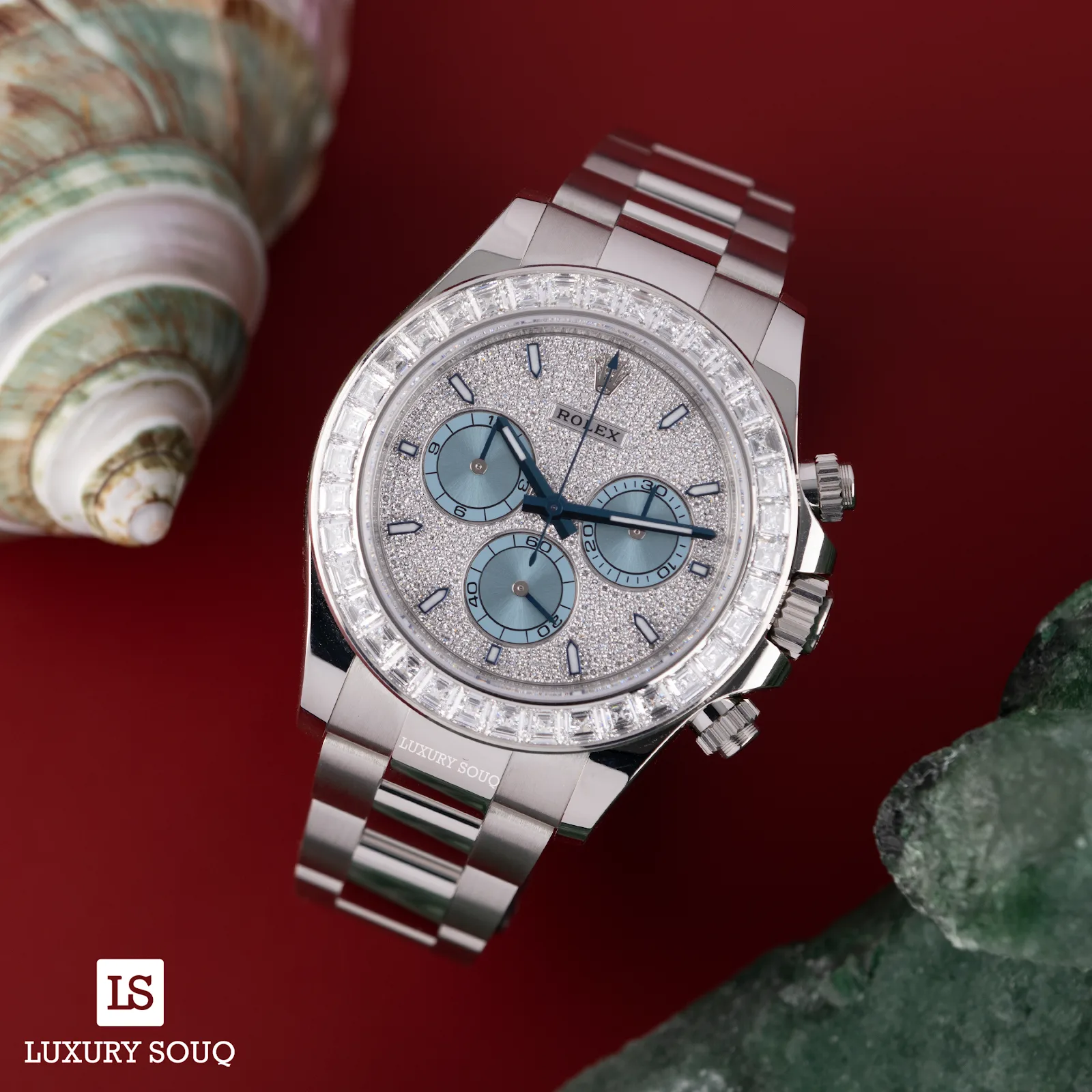 White gold chronograph with diamond-set bezel and pavé dial