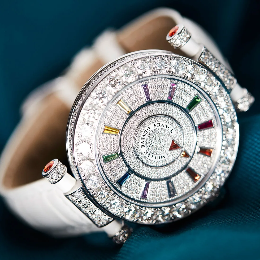 Fully diamond-set watch with coloured baguette markers