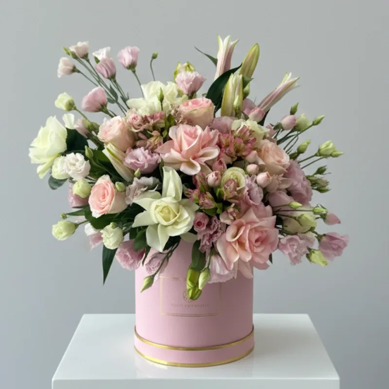 Soft pink arrangement in a pink hat box