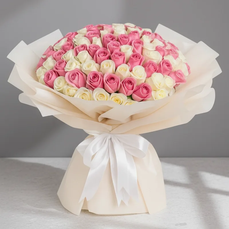Large bouquet of pink and white roses wrapped in cream paper