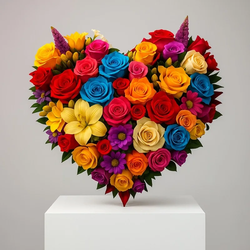 Heart-shaped arrangement of colourful roses