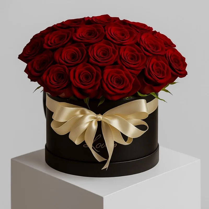 Red roses arranged in a black hat box with a gold ribbon