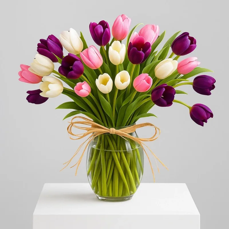 Mixed tulips in a glass vase