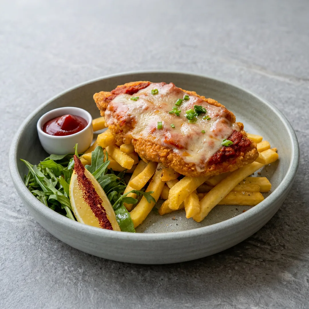 Chicken parmigiana with fries and salad on a stone plate