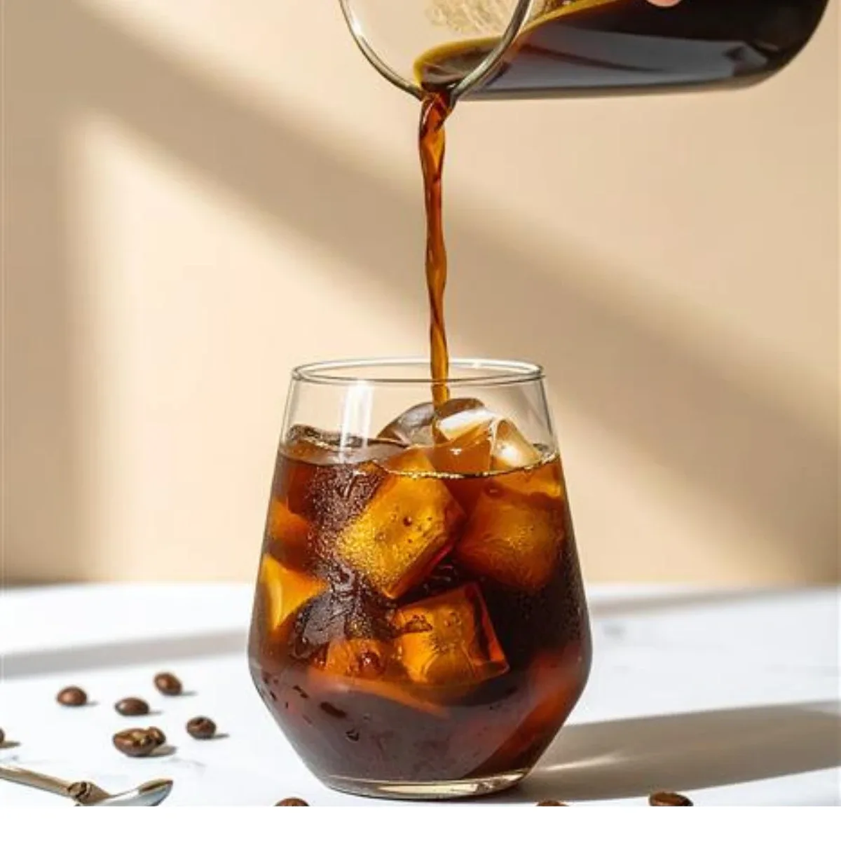 Cold brew coffee poured over ice in a glass