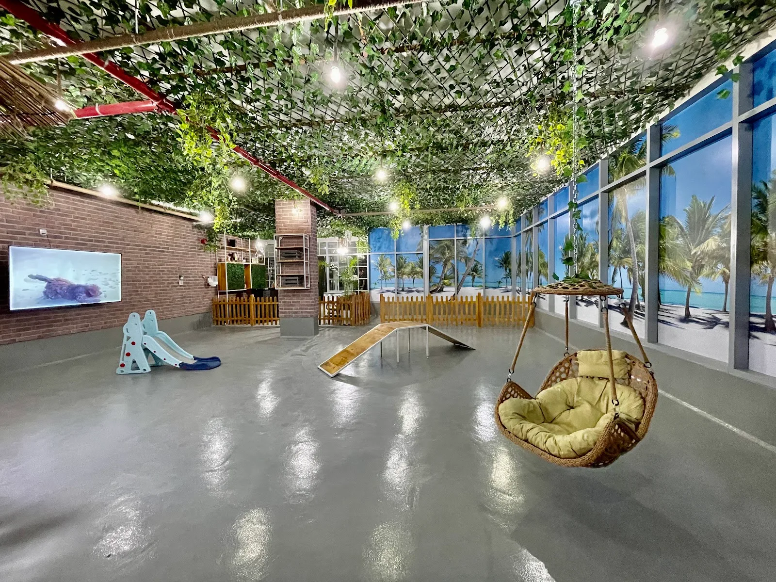 Pet Boutique's tropical indoor daycare play area with beach murals, hanging swing and play ramps