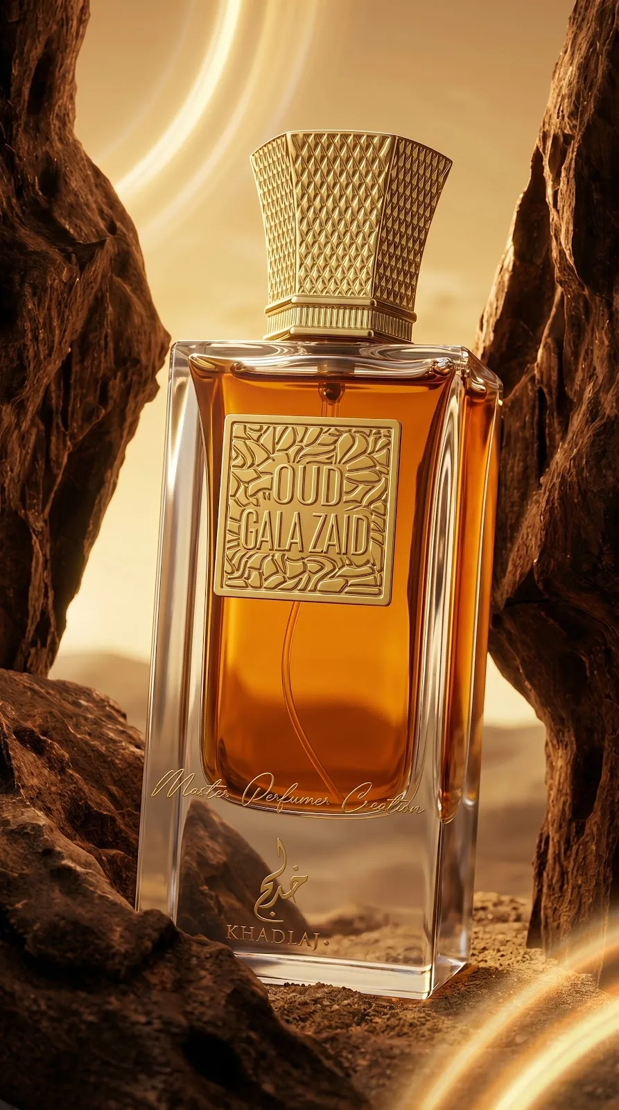 Khadlaj Oud Gala Zaid — an amber-filled bottle resting among desert rocks