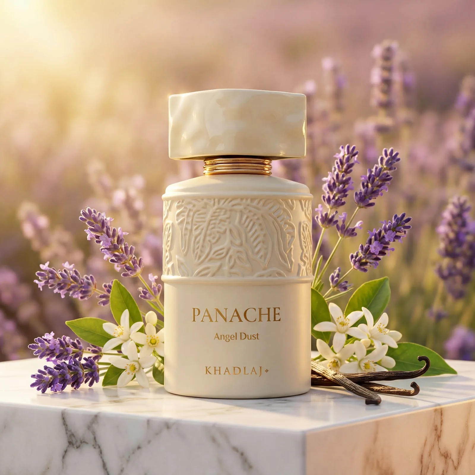 Khadlaj Panache — a cream embossed bottle surrounded by lavender and vanilla