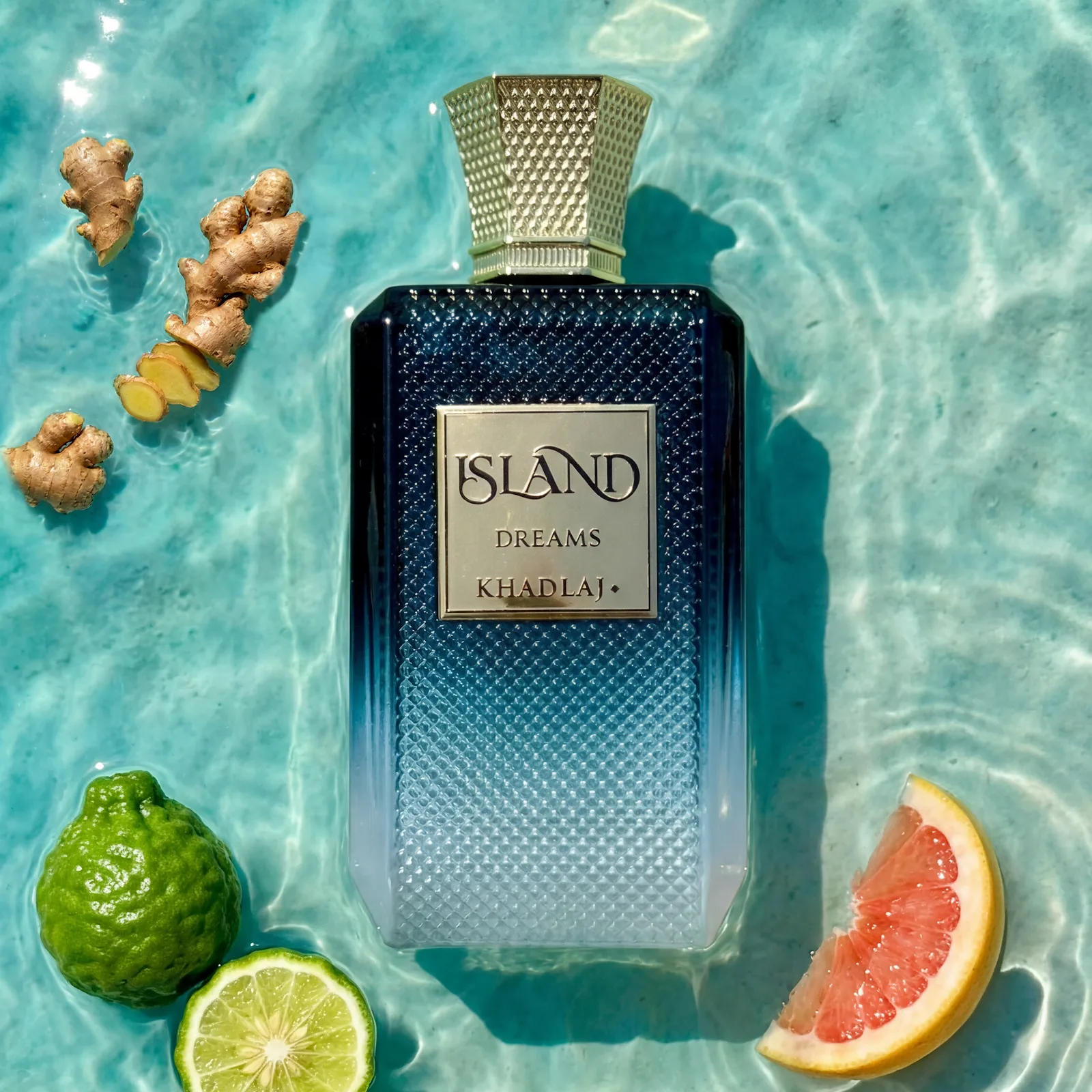 Khadlaj Island Dreams — a blue ombre bottle photographed in clear water with citrus