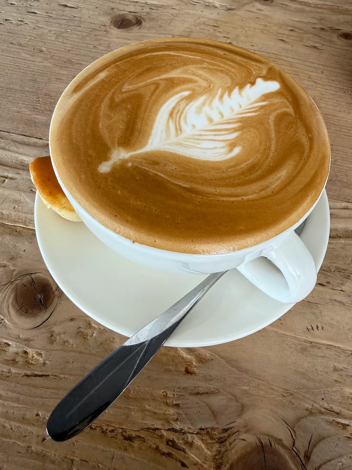 Cappuccino with detailed feather latte art on a wooden table