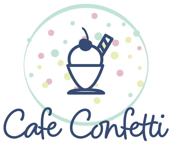 Cafe Confetti logo — an ice cream sundae inside a ring of pastel confetti