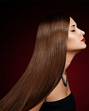 Long, glossy styled hair