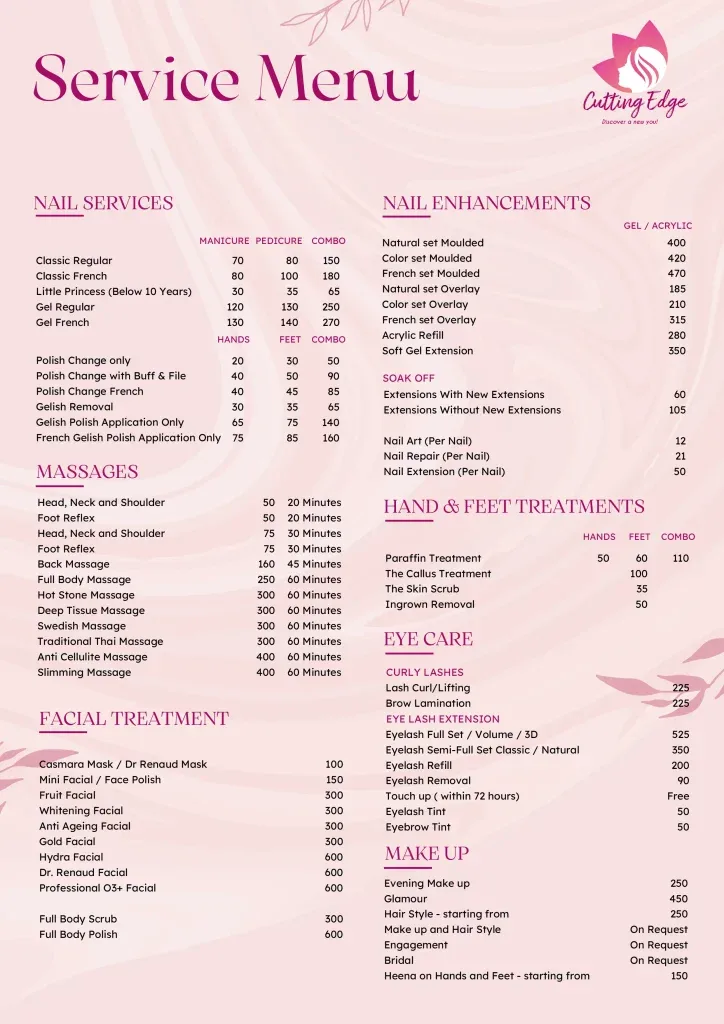 Cutting Edge service menu, page one