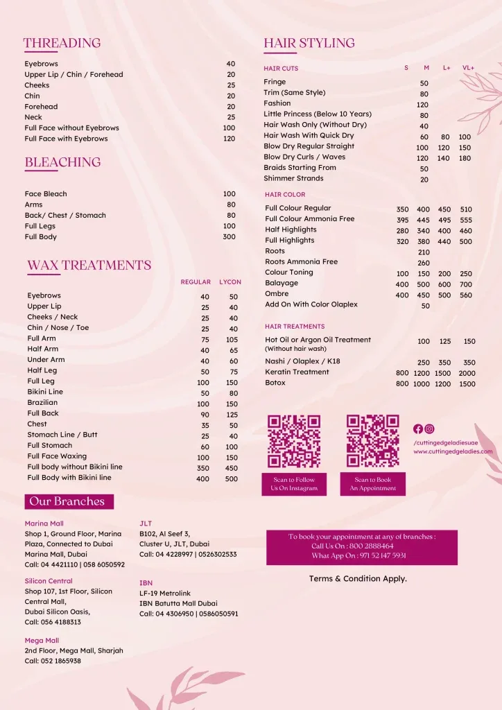 Cutting Edge service menu, page two