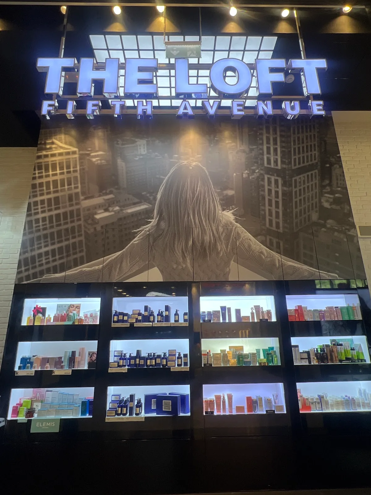 Illuminated The Loft Fifth Avenue sign above a skyline mural and product wall