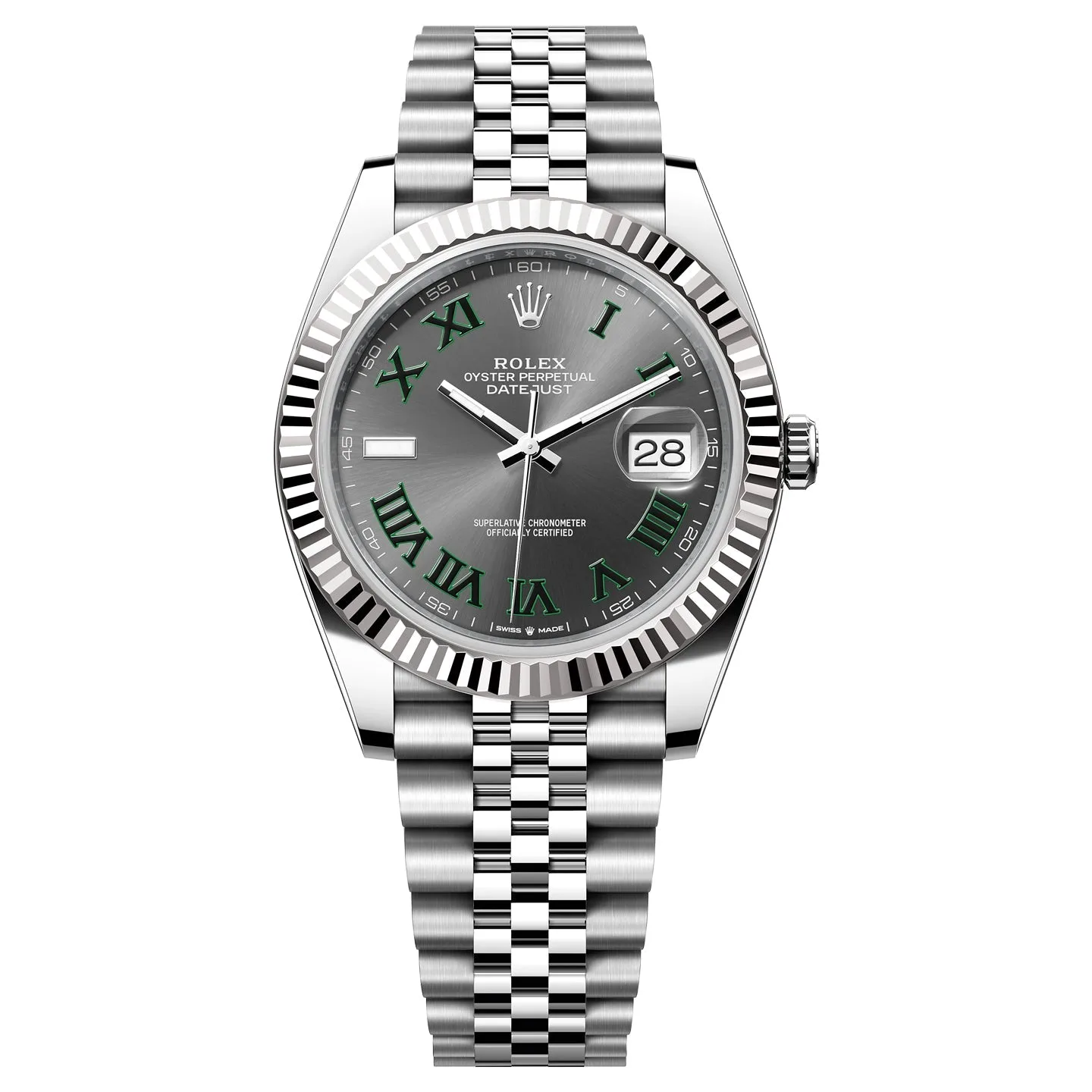 Rolex Datejust with a slate Roman-numeral dial on a Jubilee bracelet
