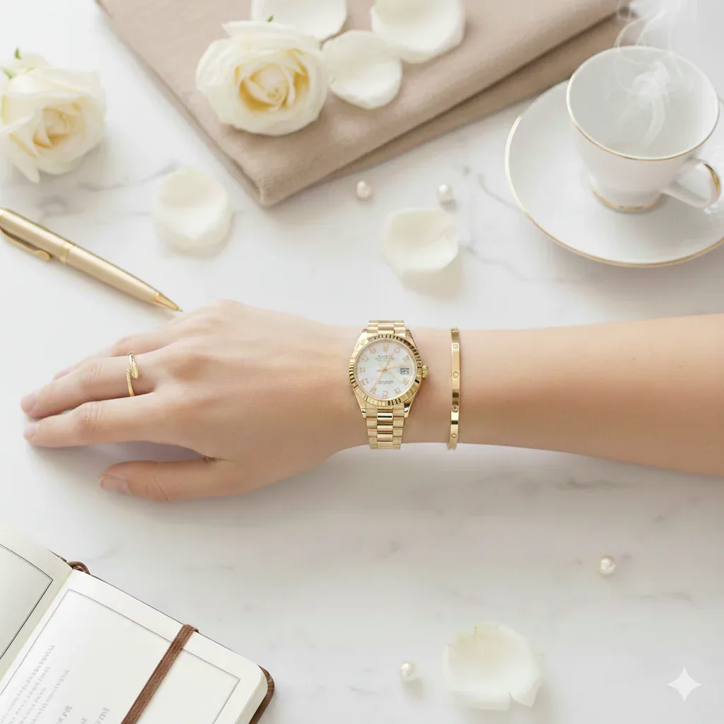 A gold dress watch and bracelet worn on the wrist