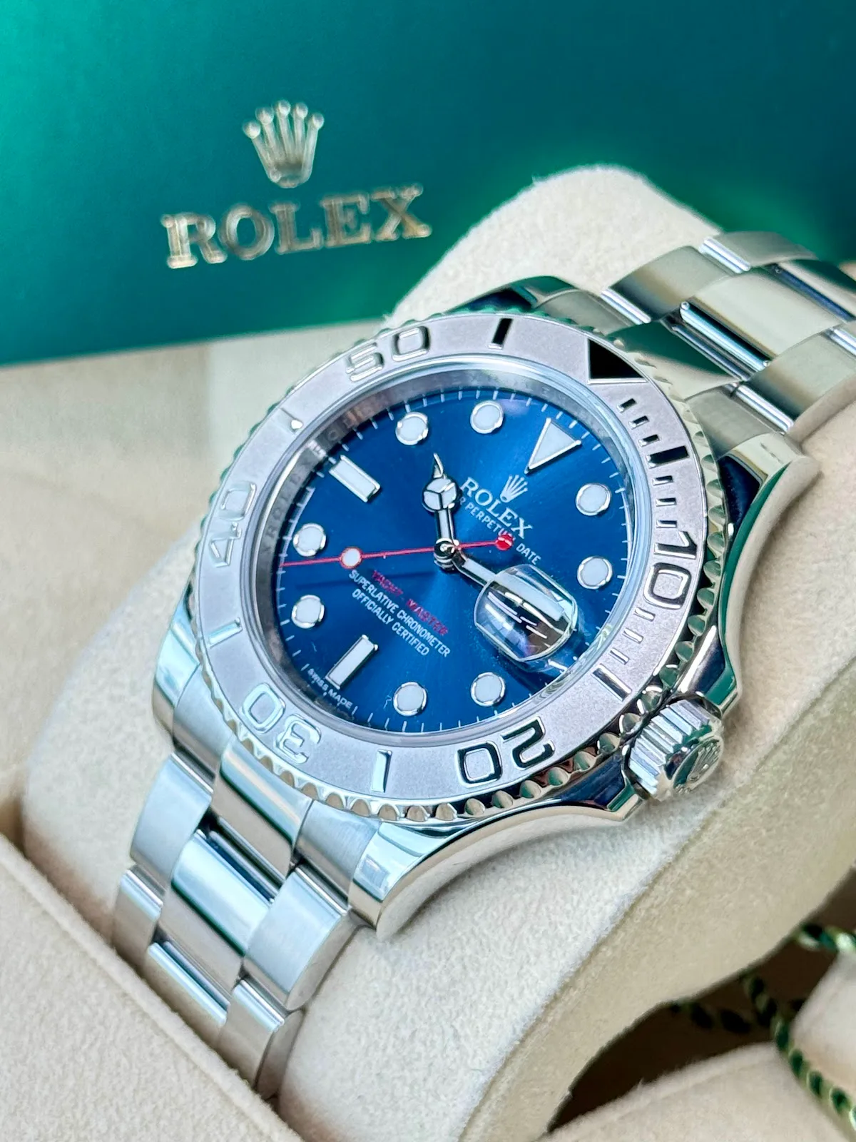Rolex Yacht-Master with a blue dial in its box