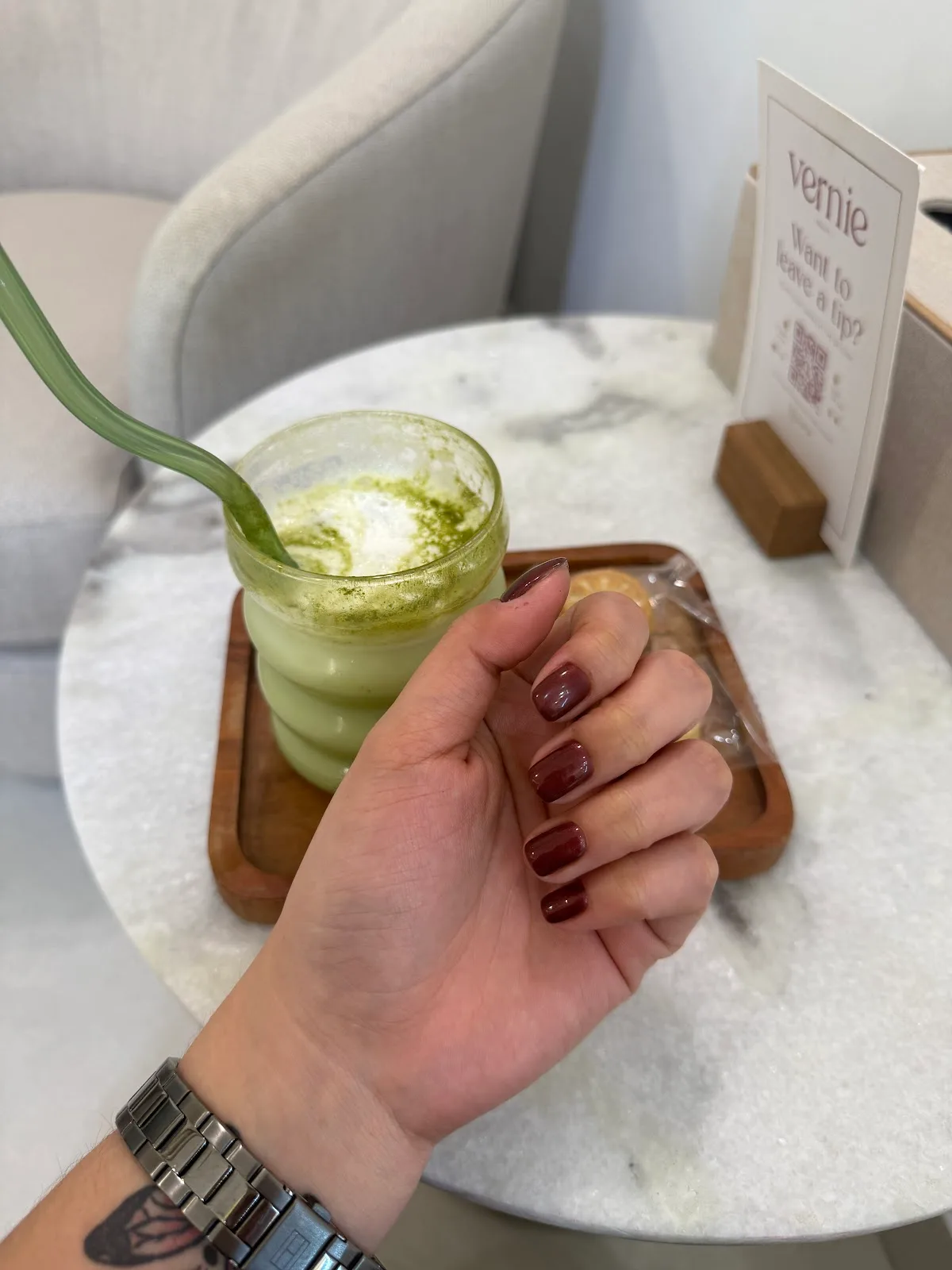 A drink served beside the Vernie sign