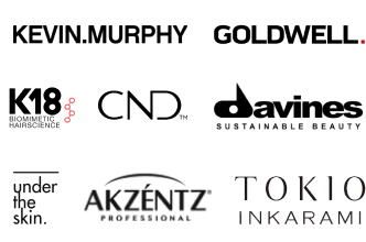 Logos of professional product partners: Kevin Murphy, Goldwell, K18, CND, Davines, under the skin, Akzentz, Tokio Inkarami