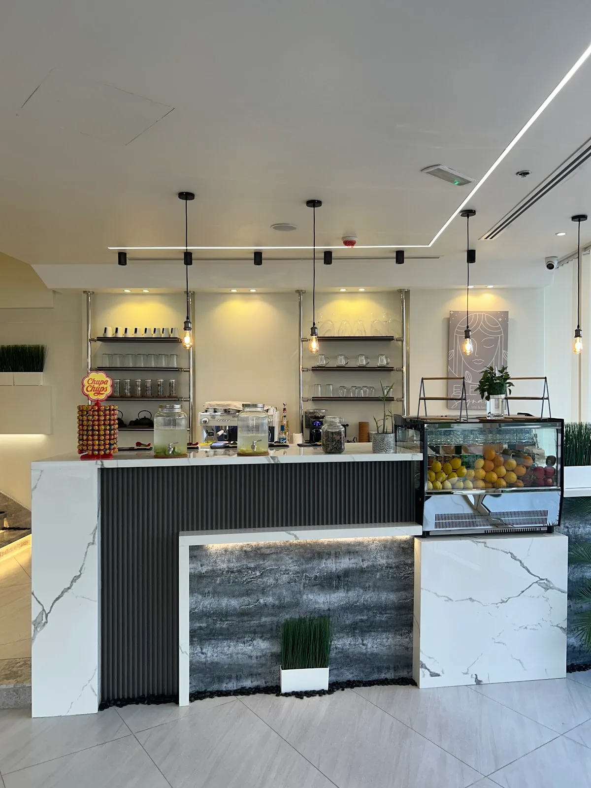 In-house café and juice bar with marble counter